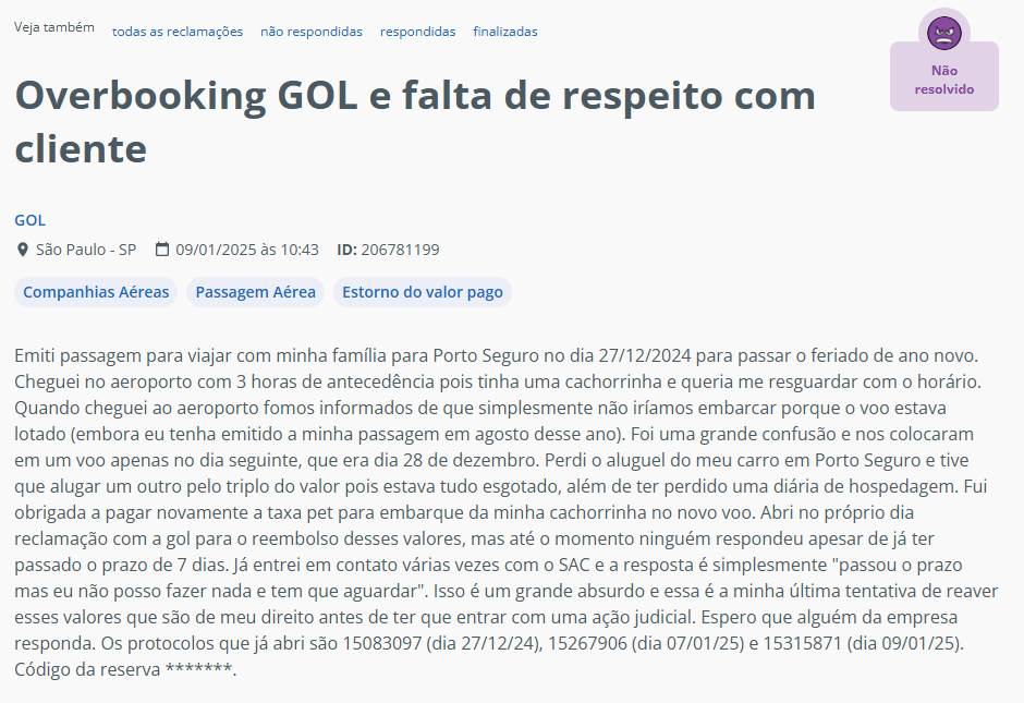Reclama&ccedil;&atilde;o de passageiro da GOL, expondo problemas no voo que podem dar direito a indeniza&ccedil;&atilde;o por overbooking.